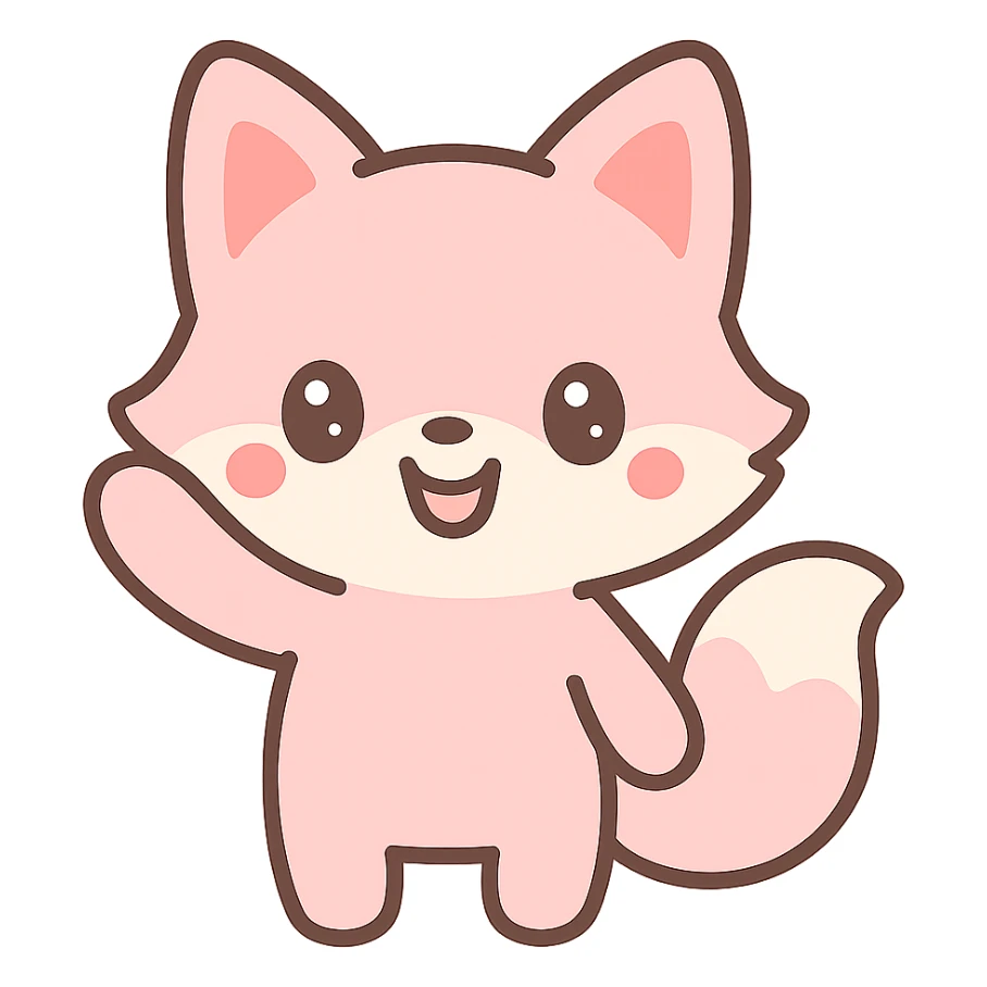 kawaii style pink fox, waving and smiling sticker