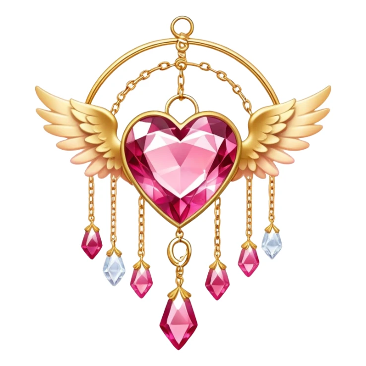 Reddish-pinkish and golden warm-colored romantic lush beautiful pretty hanging crystal-catcher aesthetic with hearts and sparkles and and white angel wings hanging from a gold chain sticker