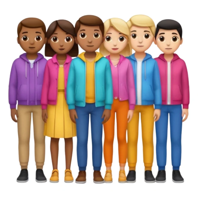 A row of five people standing one behind the other, all facing to the right sticker