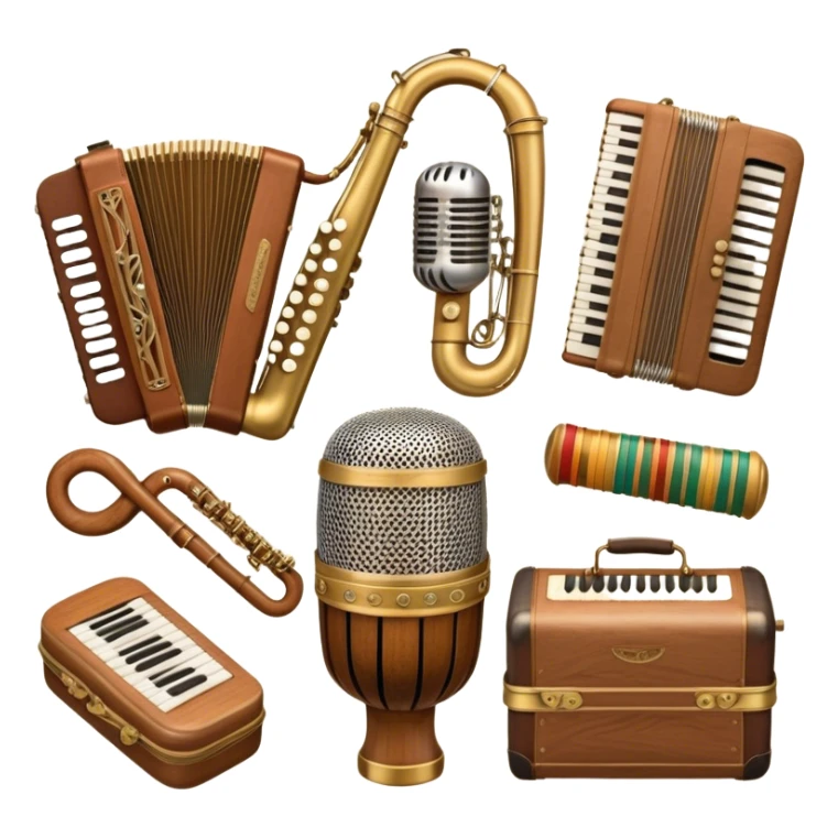Create a colorful and cultural humanless emoji representing folk singing. The design should feature a collage of flowing design around a vintage microphone and traditional folk instruments, such as a wooden flute (dudka), a button accordion (harmon), a set of gusli, and a tambourine (buben), all arranged in a harmonious. The instruments should have earthy, natural tones like wood browns, brass accents, and vibrant colors reflecting their folk origins. Add subtle musical notes to tie the elements together, symbolizing the power of folk music. The background should be transparent. sticker