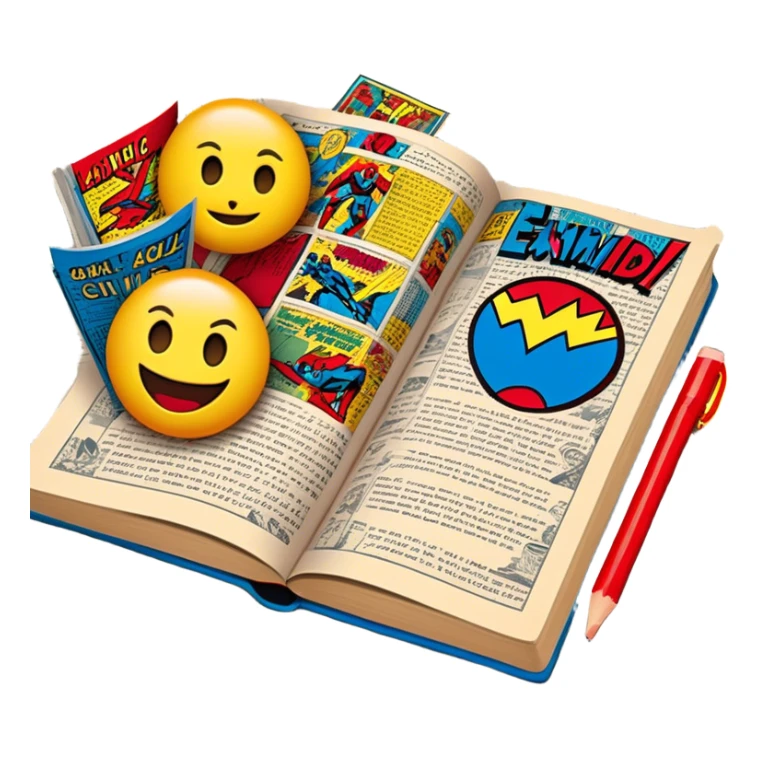 Create a vibrant emoji representing comic books and graphic novels as an art form. The design should feature a large, open comic book with vintage comic panels on the pages. Include a pencil (without a hand) gently writing text or sketching on the pages. The comic panels should have bold lines and retro-style artwork with classic comic book visuals. Use bright, energetic colors like red, yellow, and blue to evoke excitement and creativity. The overall design should feel dynamic, vintage, and artistic. Make the background transparent. emoji sticker