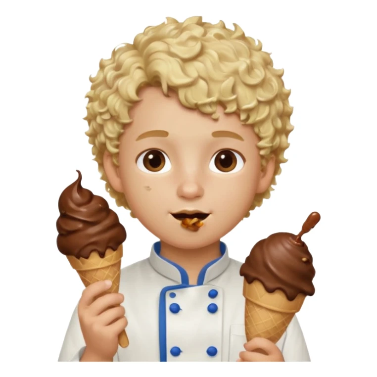 boy blonde curly hair, chef, eating chocolate ice cream sticker