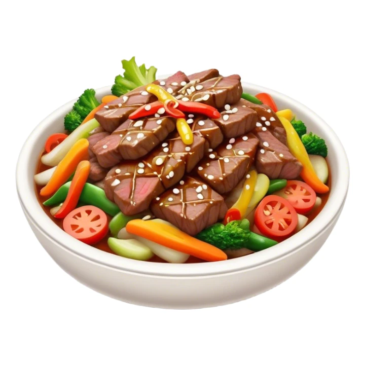 Cinematic Realistic Bulgogi Dish Emoji, featuring tender, marinated beef stir-fried with vegetables rendered with dynamic textures and mouth-watering lighting. sticker
