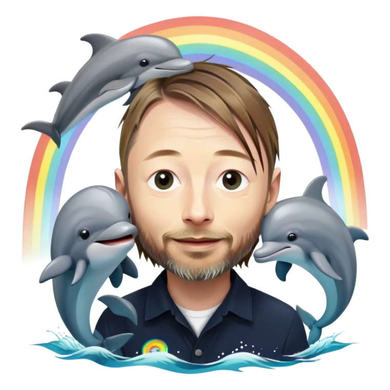 Thom yorke happy cartoon rainbows dolphins sticker