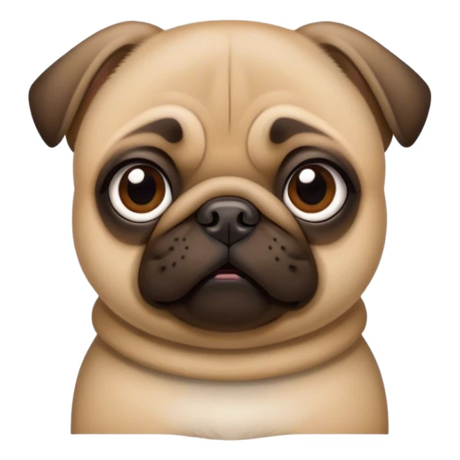 Cinematic Comical Fawn Pug Portrait Emoji, Head tilted dramatically with an exaggeratedly amused expression, featuring a glossy fawn coat with a smooth finish, wide, expressive dark eyes filled with playful disbelief, Simplified yet hilariously expressive features, highly detailed, glowing with a slightly sassy glow, high shine, dramatic yet playful, stylized with an air of cheeky mischief, bright and endearing, soft glowing outline, capturing the essence of a spirited and over-the-top companion, so meme-worthy it feels like it could side-eye its way into internet fame instantly! sticker