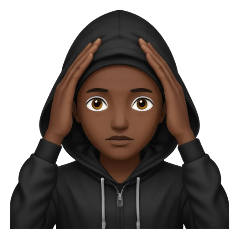 🥷🏽: inspire toi de cet emoji faisant en sorte qu’il est les mains sur les deux côtés de la tête et garde sa cagoule noir avec uniquement ses yeux apparent sticker