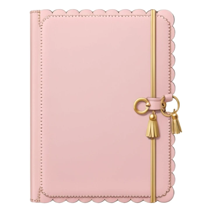 a soft pink journal with scalloped edges, tiny gold dot details, and a small tassel charm, cozy and elegant stationery vibe sticker