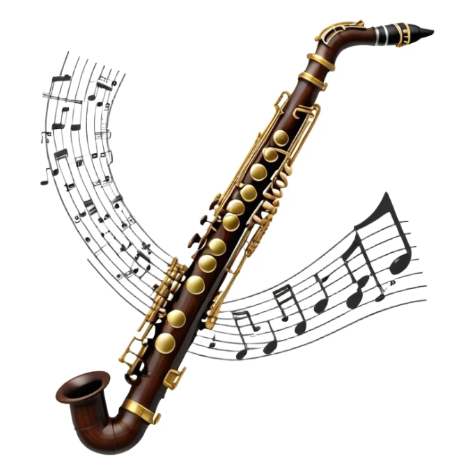Create a detailed and unique emoji representing a clarinet with a saxophone-style mouthpiece. The design should feature the sleek, dark wood finish of the clarinet, with its shiny metal keys clearly visible, but at the top, include the large, curved mouthpiece typical of a saxophone. The mouthpiece should have a reed, similar to the one used in a saxophone, with subtle details to indicate its function. Use dark wood tones for the body of the instrument and silver or brass accents for the keys. Add small musical notes or soundwaves around the instrument to evoke its smooth, melodic sound. The background should be transparent sticker