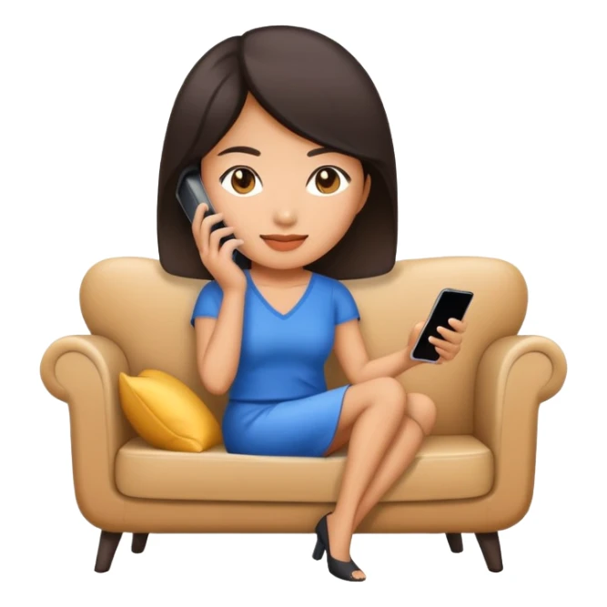 asian woman is sitting on the sofa and playing mobile phone sticker
