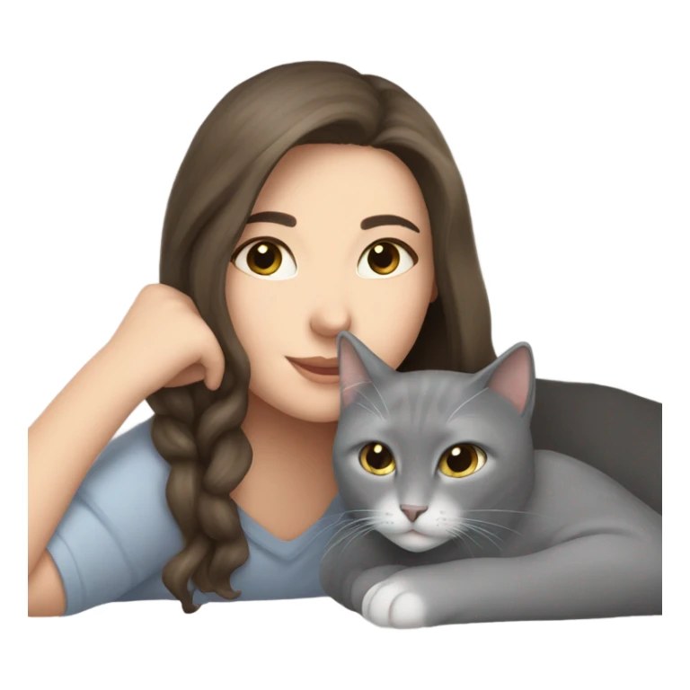 Brunette White girl and grey cat snuggling sticker
