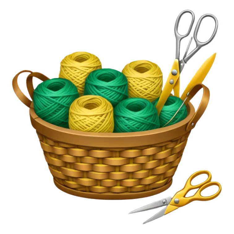 A tidy basket with neatly arranged green and yellow skeins and scissors. sticker