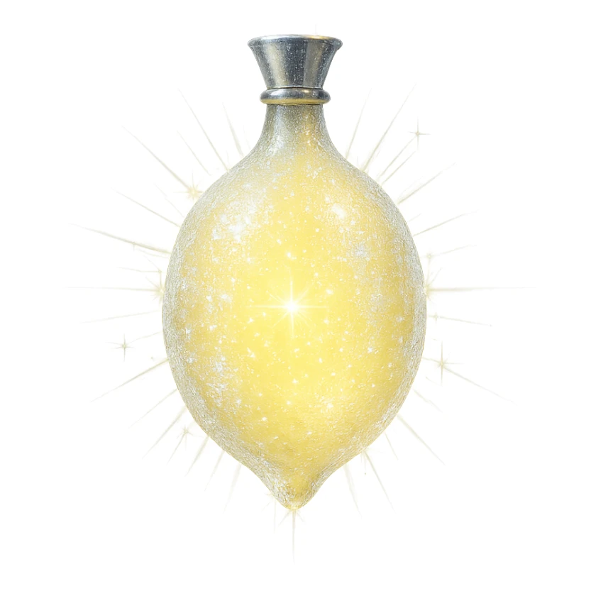 frozen lemon-shaped luxurious elixir bottle, frosty pale yellow color, icy sparkling effects, iridescent and silver details, intense magical glowing, very small neck, seamless bottom, transparent background, floating, no base or shadow, modern, matching a collection sticker