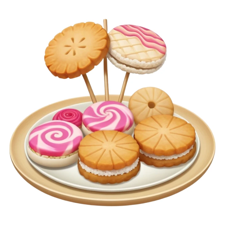 A combination of fish cake with pink swirl (narutomaki), rice cracker (senbei), and dango on a stick arranged together as a Japanese food plate sticker