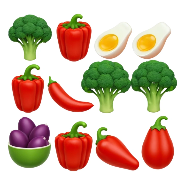3D food emoji, glossy, smooth shapes, premium style,
broccoli, red bell pepper, rice bowl, chicken breast,
boiled eggs, vitamins bottle,
light warm background
 sticker