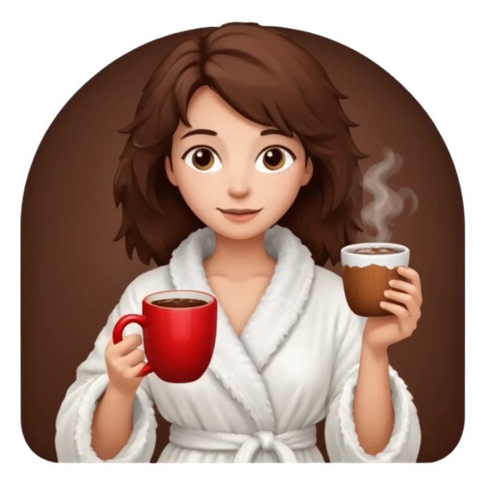 {
      "type": "human",
      "look": "fluffy robe woman, messy hair, holding cup of cocoa",
      "description": "a woman in a fluffy robe with messy hair, holding a cup of cocoa"
    } sticker