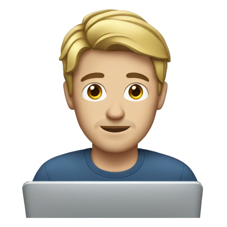 Man with brown hair and blonde tips working on laptop sticker