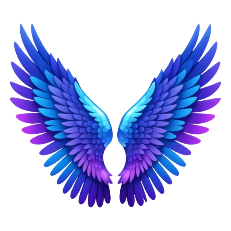crystal angel wings, black feathers with a gradient at the tips transitioning to purple and blue, emoji style sticker