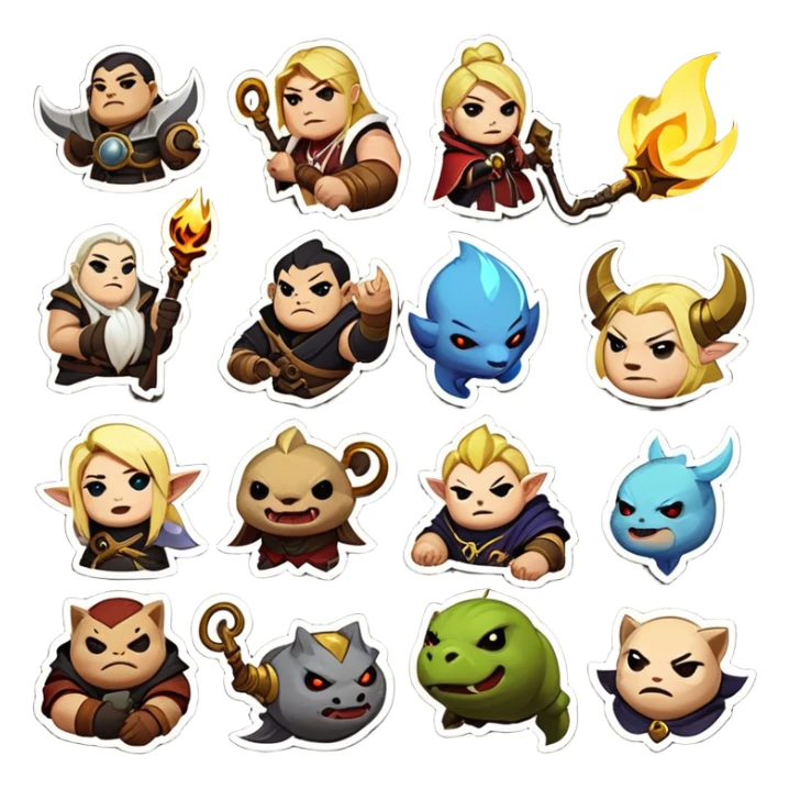 Prompt:**  
*"Create a set of fun, expressive Telegram sticker designs in a cartoonish or semi-realistic style, themed around Dota 2. Include:  
- Hero abilities (e.g., Pudge’s hook, Invoker’s spells) as playful icons.  
- Meme-worthy hero reactions (e.g., tilted Techies, smug Anti-Mage).  
- Classic in-game items (e.g., Blink Dagger, Divine Rapier) with exaggerated emotions.  
- Chat phrases like ‘GGWP,’ ‘?,’ ‘Report,’ or ‘Missing’ in bold, punchy text.  
- Teamfight chaos with stylized explosions or ‘WTF’ moments.  

Style: Bright colors, thick outlines for readability, and exaggerated facial expressions. Avoid tiny details—stickers should be clear even at small sizes. Background: Transparent or simple gradient. Mood: Humorous, hype, or salt-inducing!"*  sticker