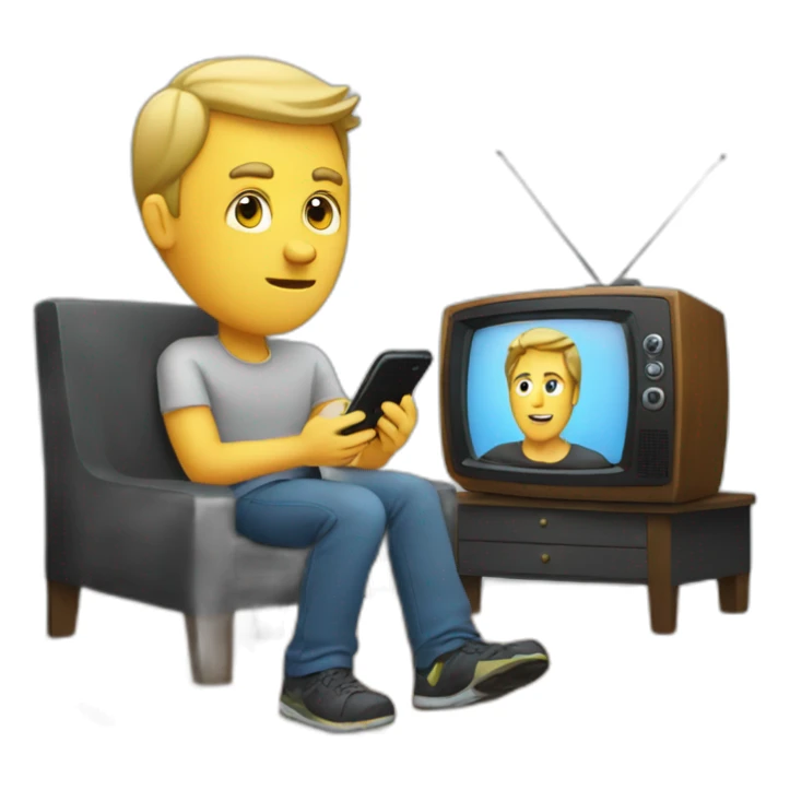 a man looking a phone in front of a television sticker