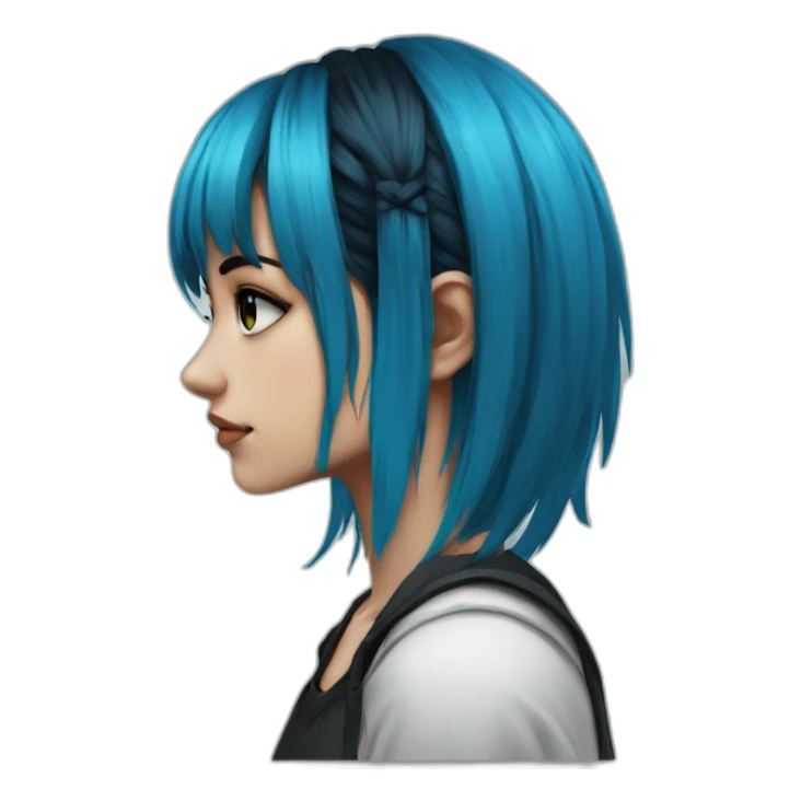 Side profile sad emo girl, black makeup, long choppy blue hair side bangs sticker