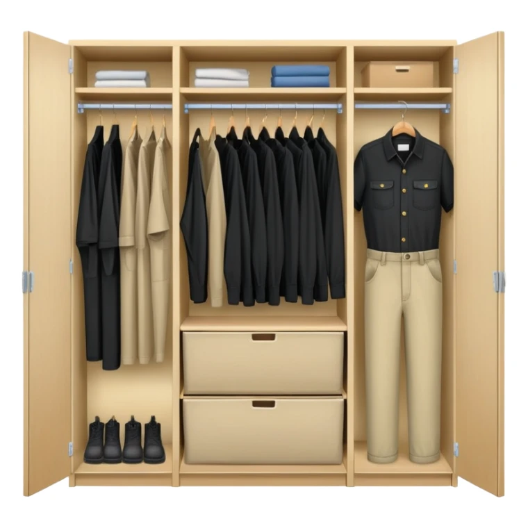Wardrobe with both doors open showing organized collection of black shirts, khaki pants and overalls for work sticker