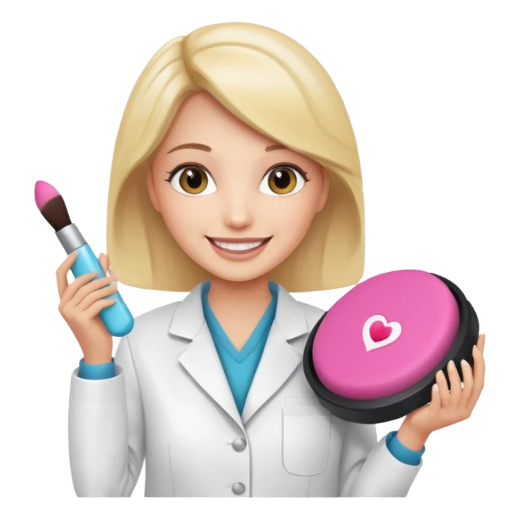 woman wearing a lab jacket holding a makeup cushion showing pride in new technology sticker