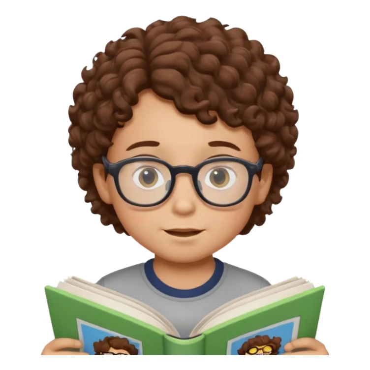 little boy with brown curly hair, wearing glasses, reading comic book sticker
