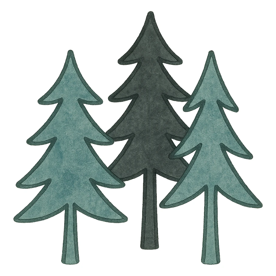simple evergreen trees in folk art style, dark neutral forest color tones, watercolor texture with bold outlines, suitable for favicon sticker