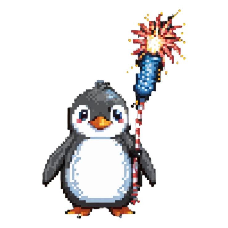 penguin holding a firework, grinning menacingly sticker