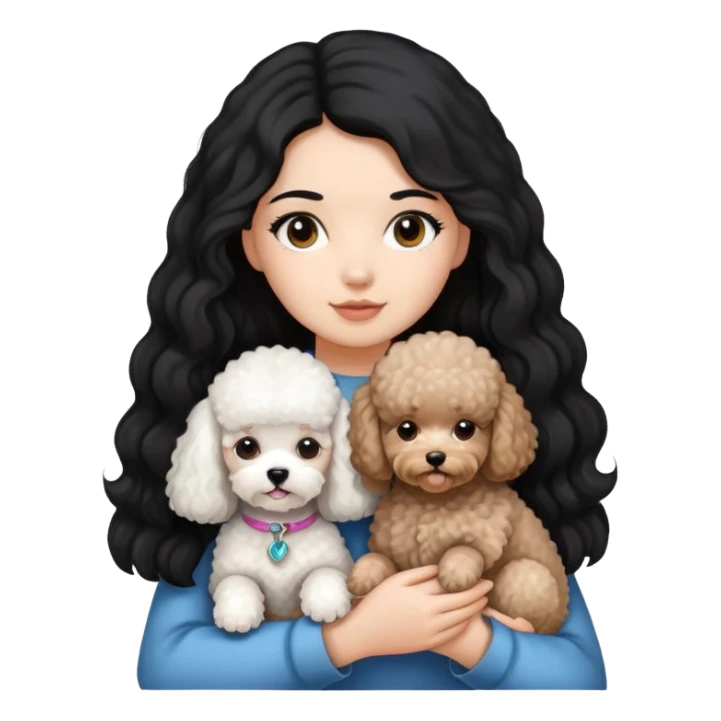 A girl with long black hair holding a Bichon and a small brown poodle sticker
