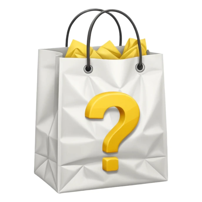 white goodiebag with yellow questions mark boxes stuffed in it sticker
