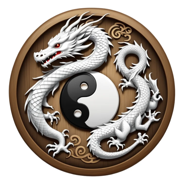 An icon symbolizing Eastern martial arts in the style of an emblem, featuring a black-and-white Yin-Yang symbol and a dragon at the center, surrounded by elements like a dojo. Transparent background highlights balance and power. sticker