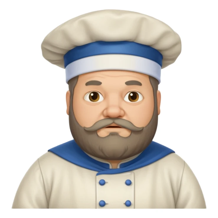 medieval fat chef, middle-aged, bearded, sly, grim-faced emoji, eil fac like hes hidinsomething sticker
