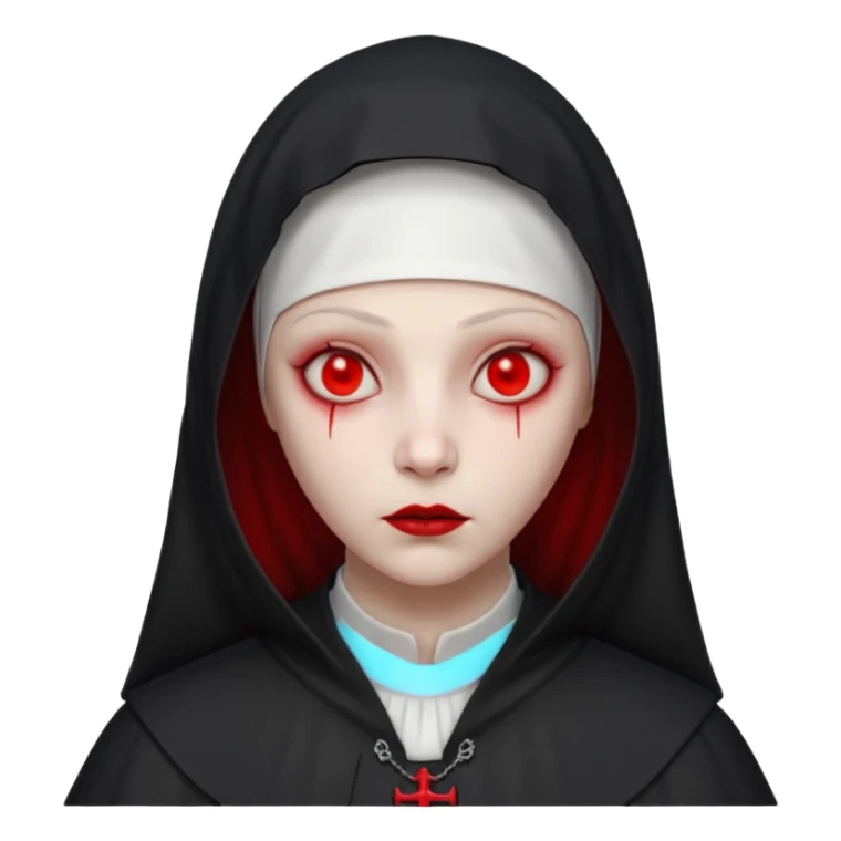cursed village nun portrait, head and shoulders only, dark hood, mysterious expression, red accents, eerie glow, 3D cartoon, mobile game icon style, clean background, no text, no watermark

 sticker