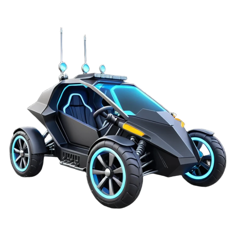 Mad max survival apocalypse ghostly sporty futuristic electric Darth Vader’s Batman-armored 1876 black graphite colored enclosed twin seat town buggy with horizontal holographic 3d stars painted on the body sides and neon under glow  sticker