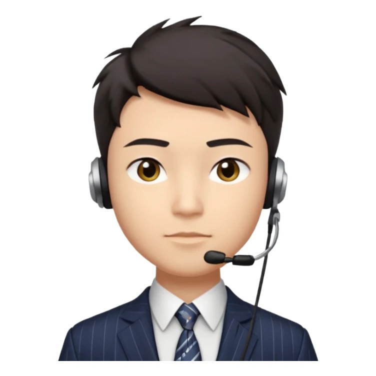 gay young Asian man with light skin, short dark hair styled upward with a sharp spiked swoop in front, slightly narrowed almond-shaped eyes with a confident, knowing squint, a clean-shaven face, and a sleek single-ear headset, wearing a dark pinstripe suit with a patterned shirt tie sticker