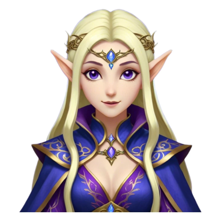 Cinematic Realistic WoW Elf Mage Portrait, head tilted dramatically with an exaggeratedly amused expression, blending timeless arcane wisdom with a touch of unexpected playfulness. Her luminous, porcelain-like skin and delicate features, complemented by an intricately detailed robe in deep blues and purples with golden filigree, are rendered with lifelike texture and dynamic magical lighting, high shine, dramatic yet whimsical, capturing the essence of an elven mage whose epic mastery is tinged with charming irreverence. sticker