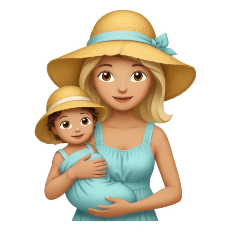 A mom in a sunhat holding her baby gently, wearing a sun-dress while smiling softly. sticker