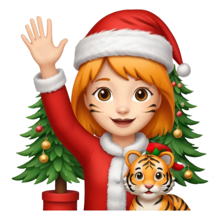 Happy girl tiger waving by a Christmas tree wearing a Santa hat sticker