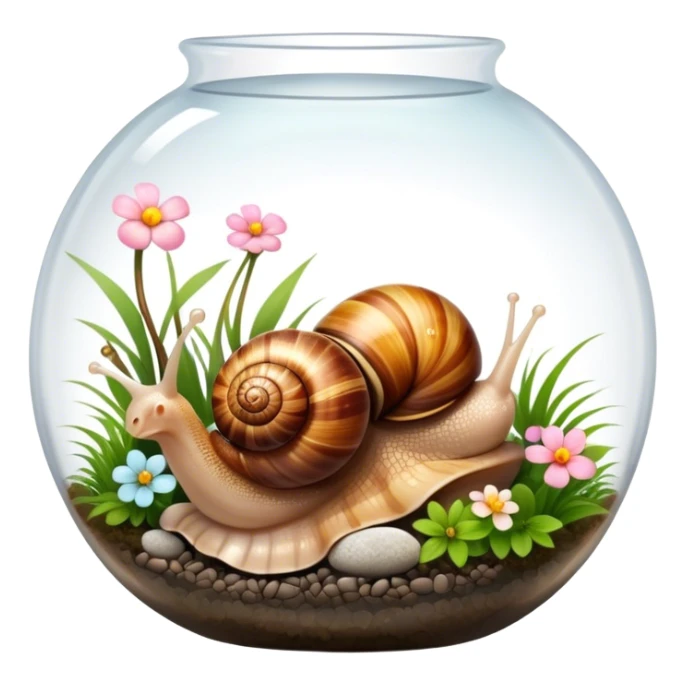 Close-up of large home snails inside a terrarium, showcasing their soft, spiral shells and glistening bodies, with a gentle light highlighting their details. With stones and grass and flowers. Transparent background. sticker