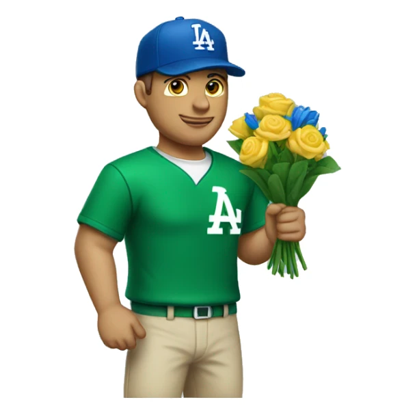 an white man stands still with a "dodger" written green cap and clothes holds flowers sticker