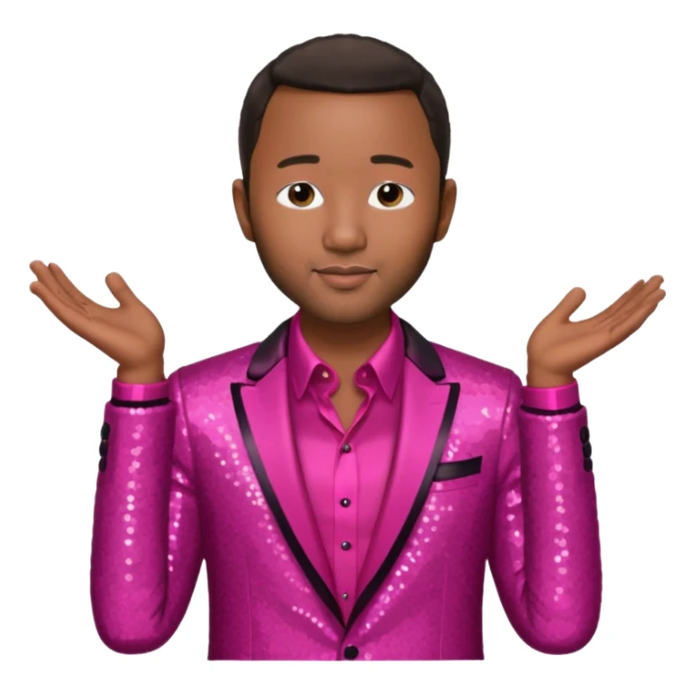 John Legend with dark brown hair, dark pink sequin suit jacket, red shirt sticker