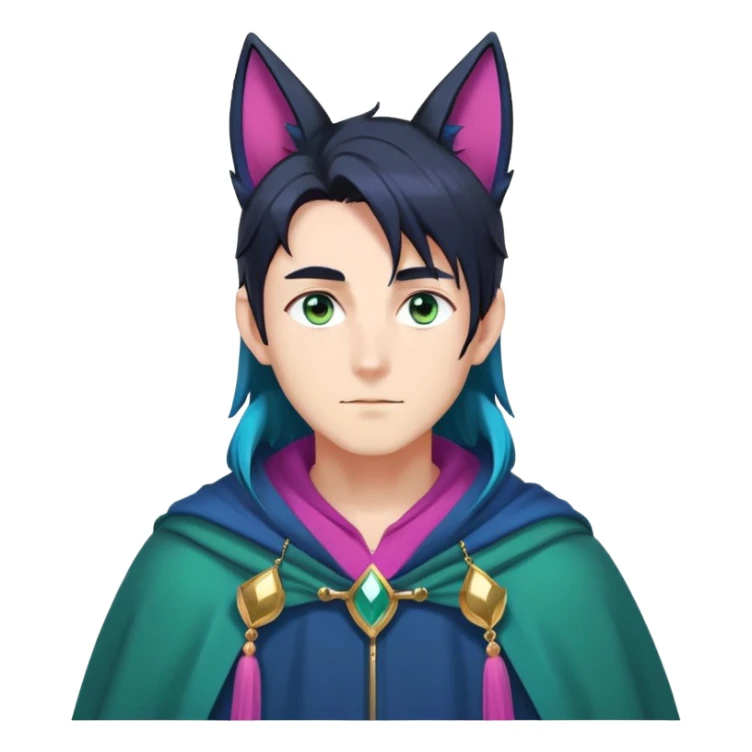 anime man with long-straight-dark-blueish-black-gradient hair, long black fox ears with pink Scapha, hazel-gradient-brown-turquoise eyes, gold earring, dark-blue-sweater, green cape,  sticker