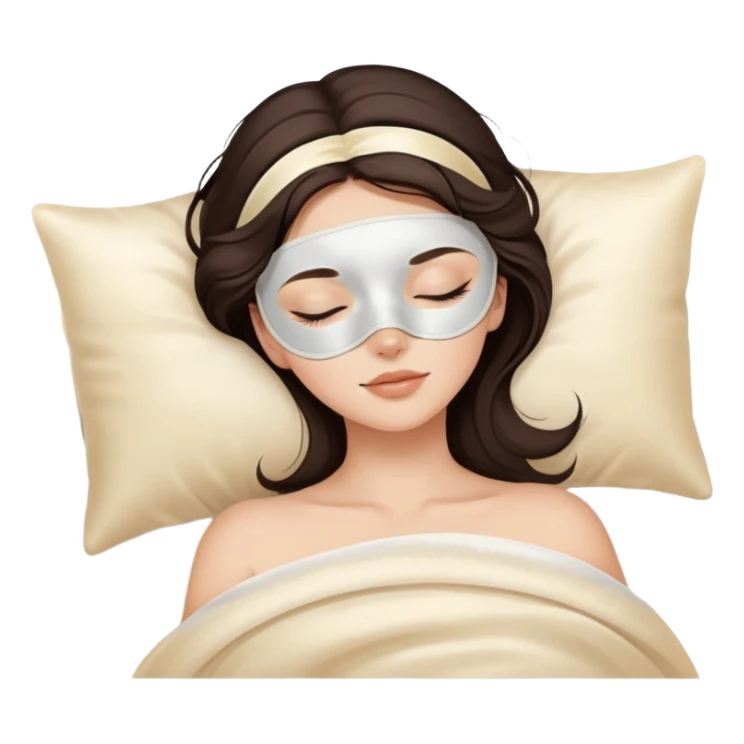 pretty brunette sleeping with cream coloured silk eyemask soft textures and ethereal glow sticker