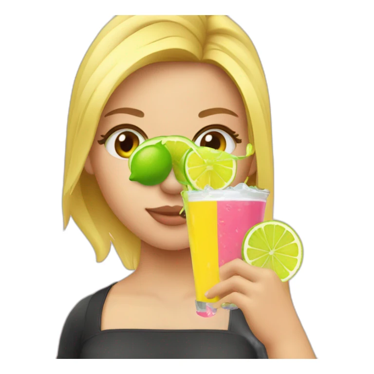 crazy blonde girl straw drinking pink lemonade with one green lemon in the cup, with black watch black tshirt sticker