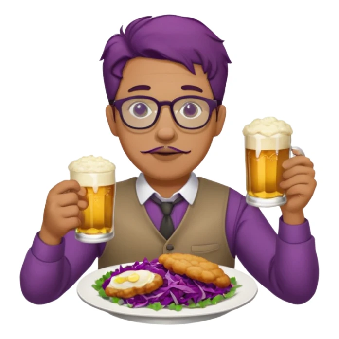 Man with wire framed glasses german eating schnitzel, red cabbage, sauerkraut, potato salad, and beer sticker