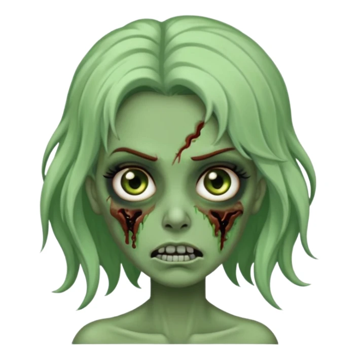 Faça uma zombie verde mulher com cabelos preto, liso e longo de olhos castanhos e boca fechada  sticker