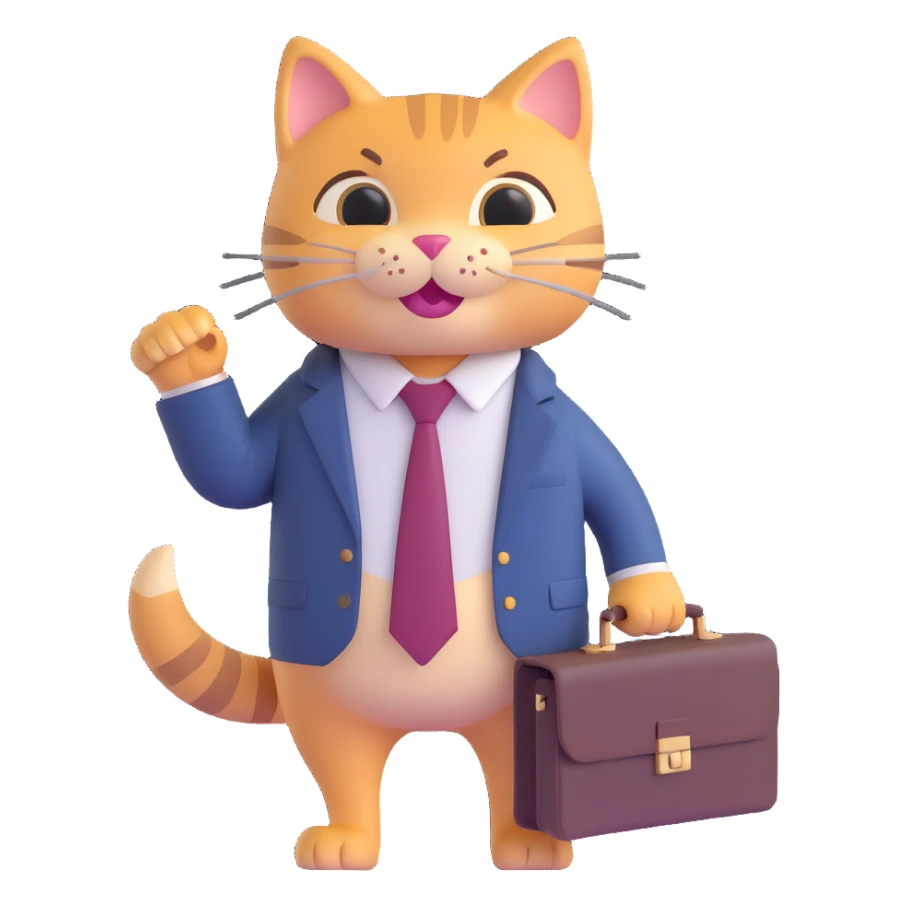 happy cat wearing a tie and carrying a briefcase, 3D emoji style sticker