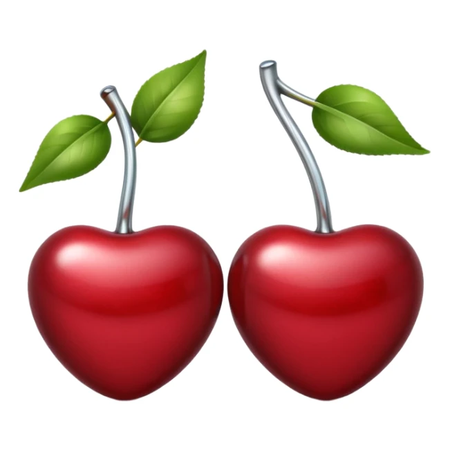 A pair of cherries emoji made of polished silver chrome, smooth rounded shapes, glossy metallic finish, soft highlights and reflections, cute proportions, iOS emoji style, centered, clean white background, no text sticker