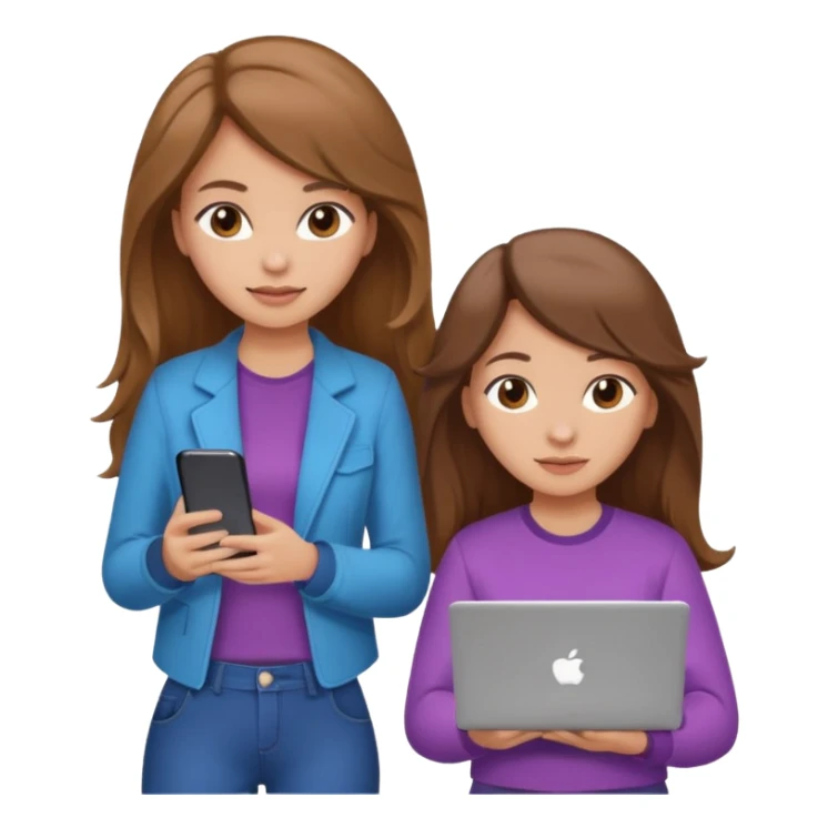 two brown haired girls, looking professional maybe leaned back on back and looking forward and using phones, with longer hair and with some cute clothes without ties, blowout hair, one girl can hold lap top athoer one can hold the phone sticker